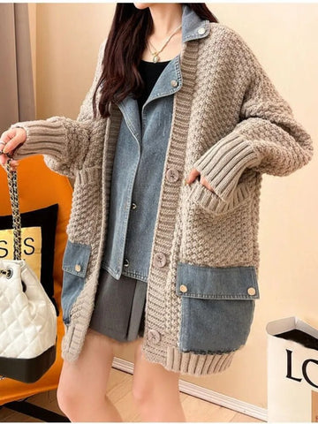 Getadme Autumn Winter New Arrivals Denim Stitched Sweater Coat Women's Loose Thickened Knitted Cardigan Top Women